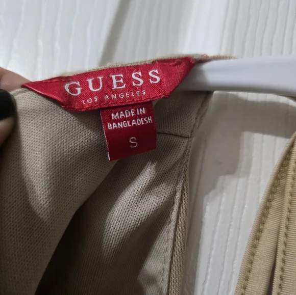 Guess Neutral Beige Mesh Bodysuit, Ruched Back, Sheer Sleeves, Deep V-Neck, EUC! - Picture 14 of 15